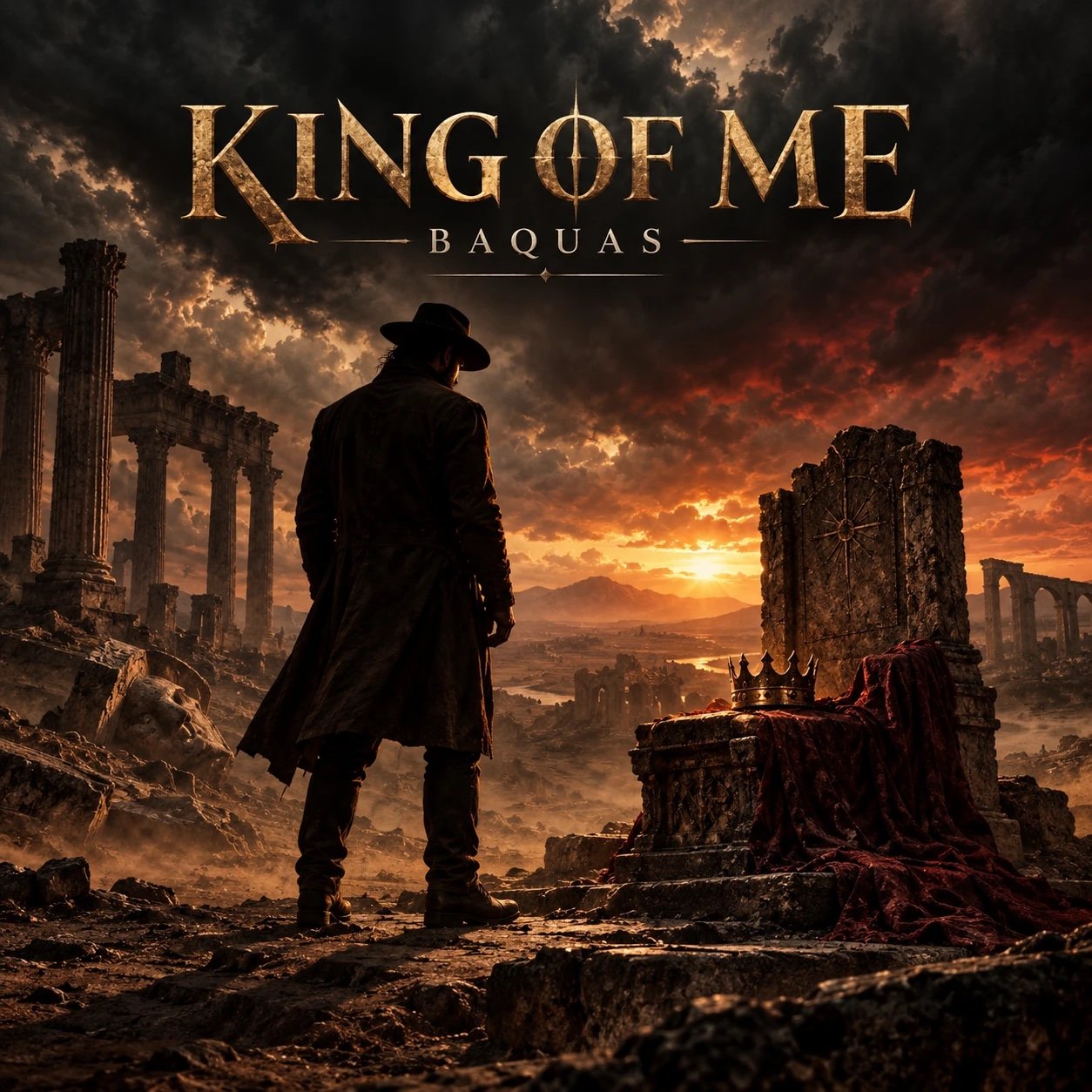 King of Me — single cover art by Baquas, a lone figure in a wide-brimmed hat facing a crown on a stone throne among ruins under a burning sky